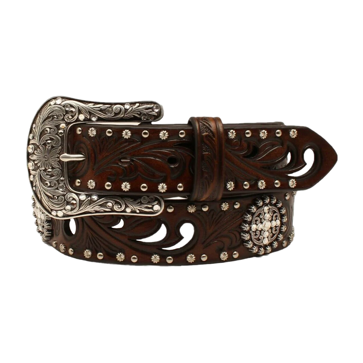 Ariat Women's Crystal Conchos & Studs Brown Leather Belt