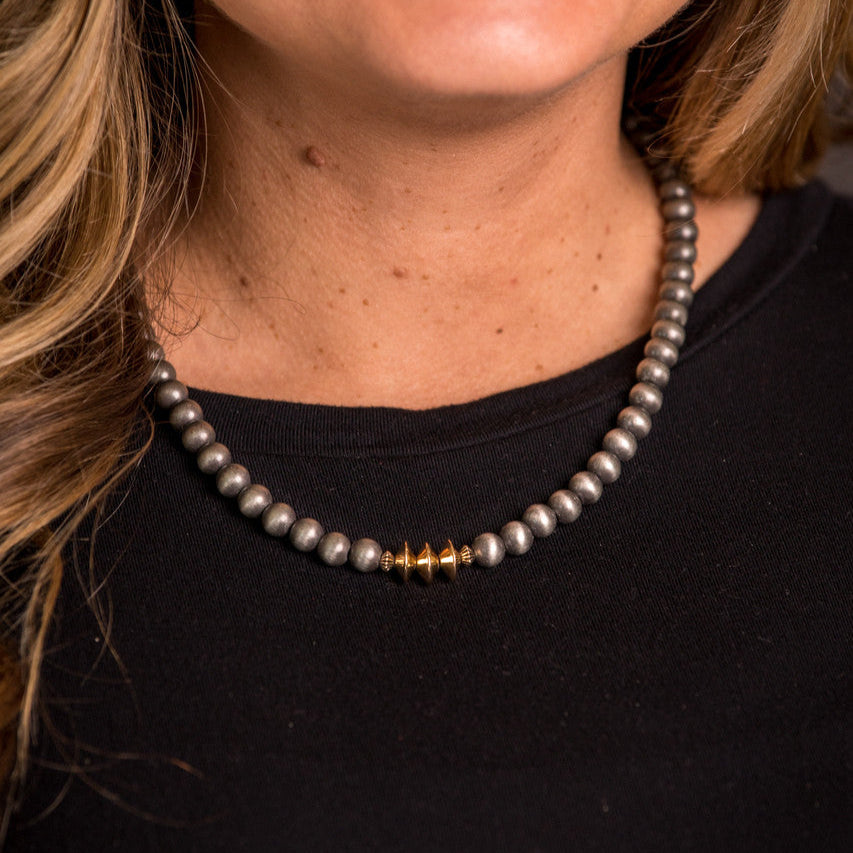 West & Co. Navajo Inspired Beaded Necklace with Burnished Gold Disc Accent