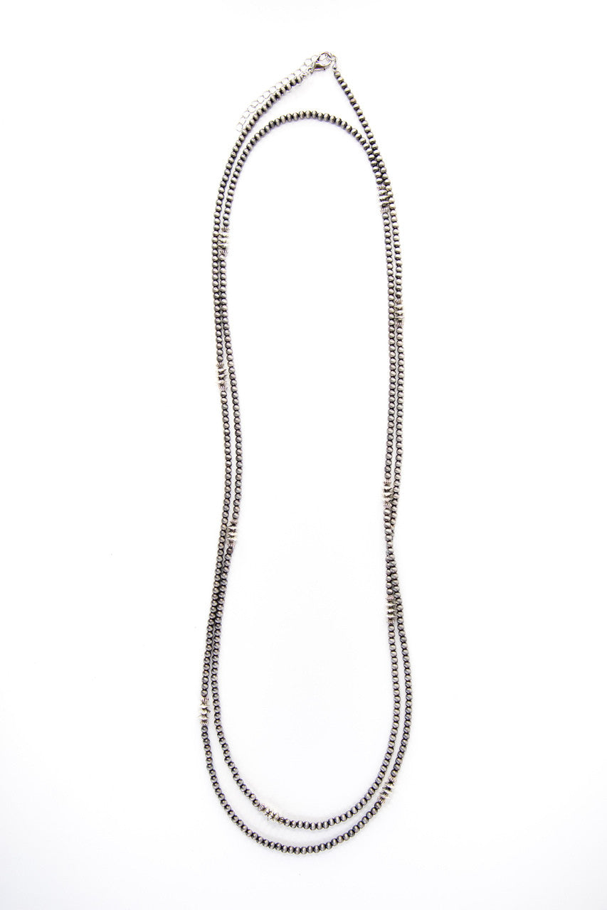 West & Co. 66" Silver Navajo Inspired Beaded Necklace with Burnished Silver Disc Accents