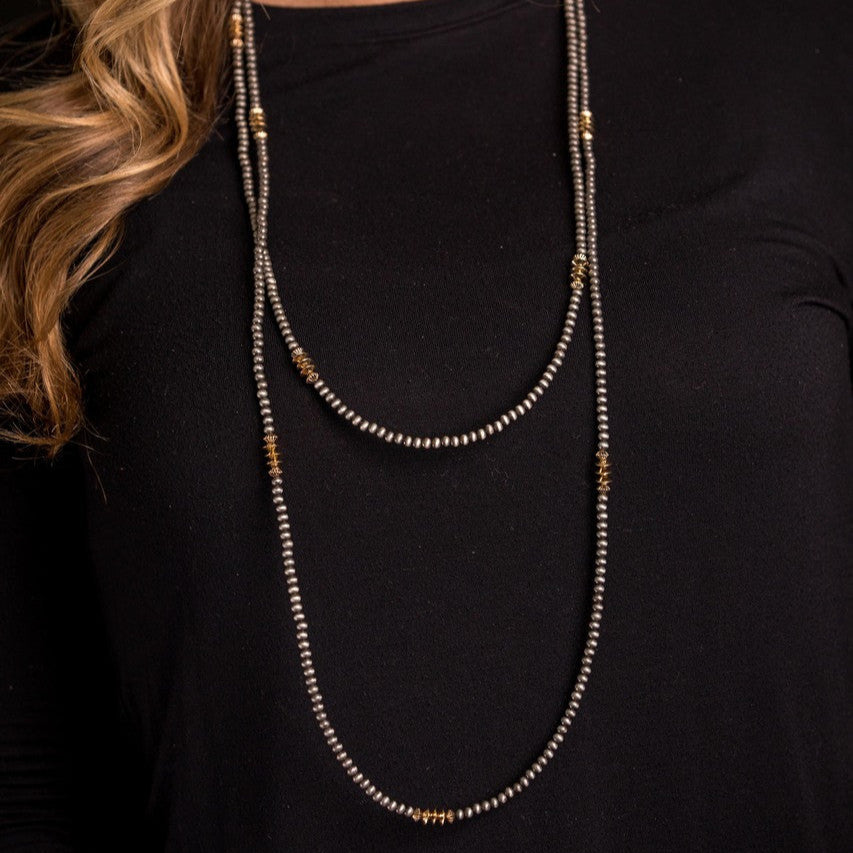 West & Co. 66" Silver Navajo Inspired Beaded Necklace with Burnished Gold Disc Accents