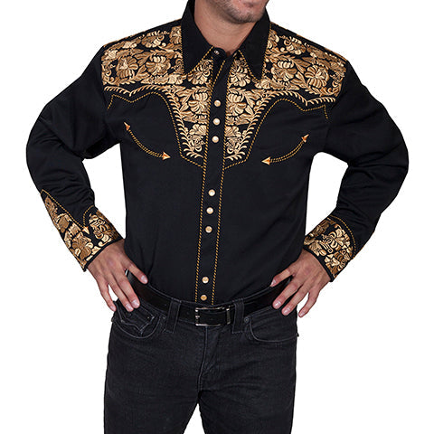 Scully Men's Floral Embroidered Western Snap Shirt in Black and Gold