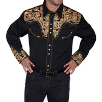 Scully Men's Floral Embroidered Western Snap Shirt in Black and Gold