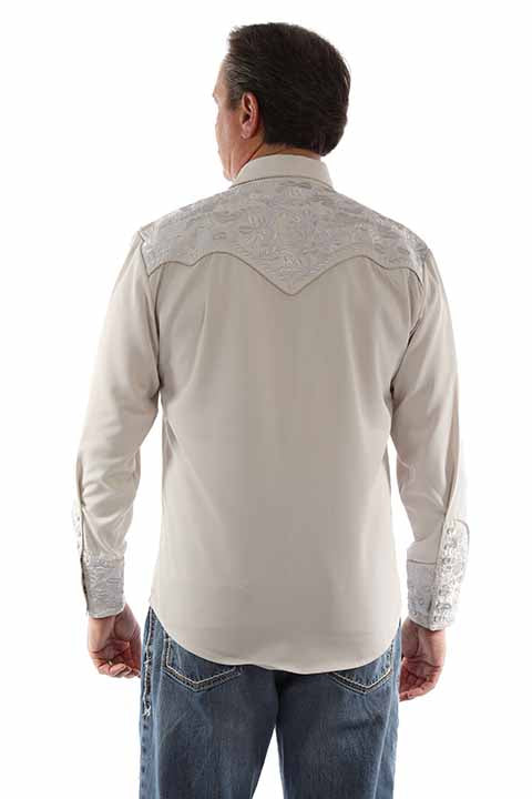 Scully Men's Floral Tooled Embroidered Western Snap Shirt in Light Grey