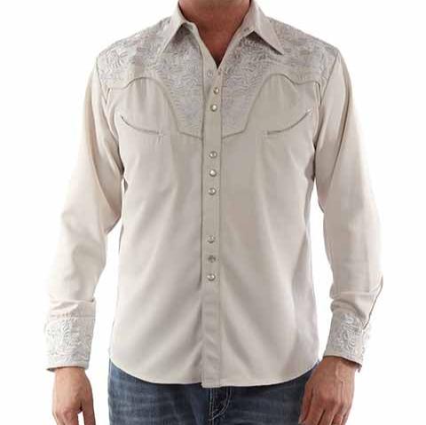 Scully Men's Floral Tooled Embroidered Western Snap Shirt in Light Grey