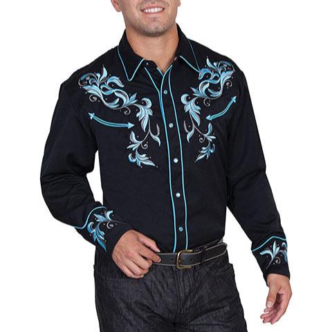 Scully Men's Embroidered Scroll With Studs Western Snap Shirt in Black