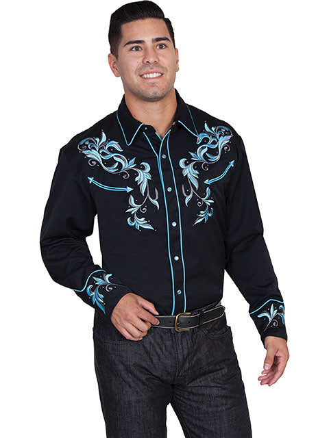 Scully Men's Embroidered Scroll With Studs Western Snap Shirt in Black