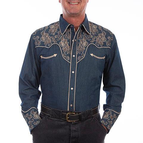 Scully Men's Floral Embroidered Western Snap Shirt in Dark Denim Blue