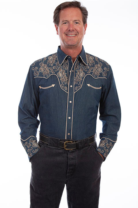 Scully Men's Floral Embroidered Western Snap Shirt in Dark Denim Blue