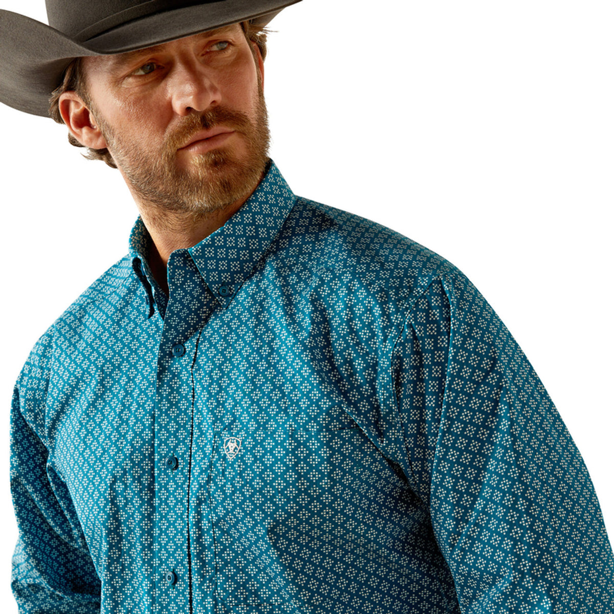 Ariat Men's Petey L/S Classic Fit Western Button Down Shirt in Dark Teal Pixelated Diamond