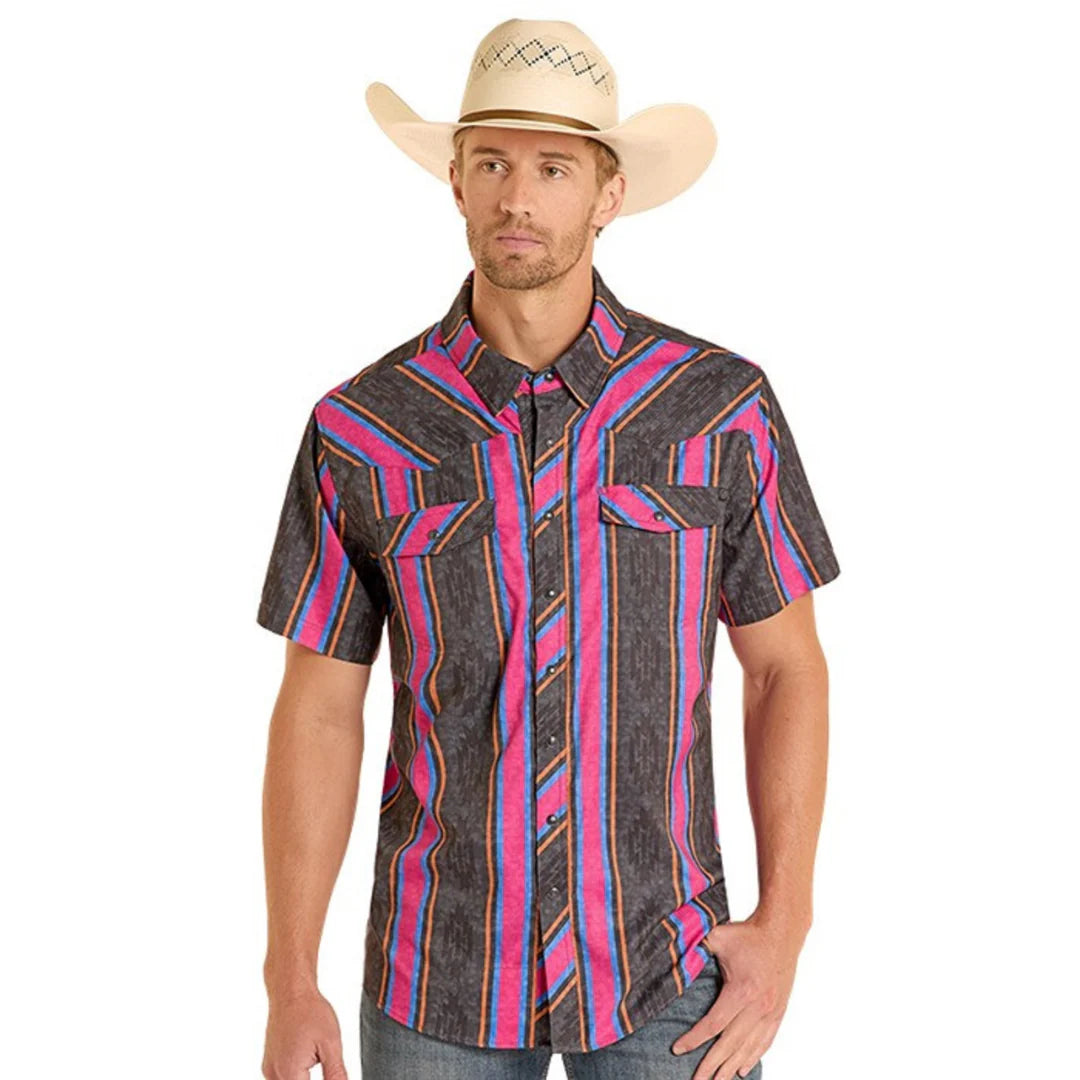 Rock & Roll Denim Men's S/S TEK Western Stretch Snap Shirt in Black Stripes