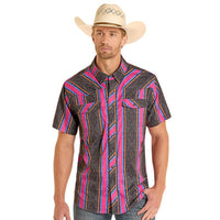 Rock & Roll Denim Men's S/S TEK Western Stretch Snap Shirt in Black Stripes