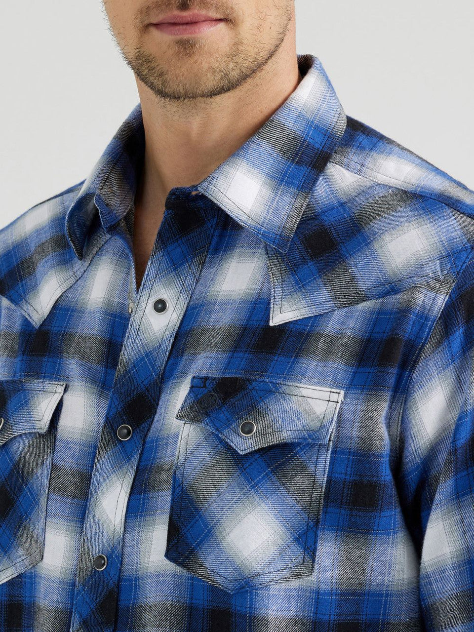 Wrangler Retro Men's L/S Flannel Western Snap Shirt in Royal Blue Plaid (Available in Tall Sizes)