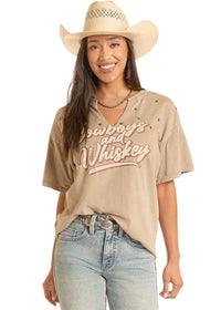Women's Rock & Roll Denim V-Neck Graphic Tee in Olive