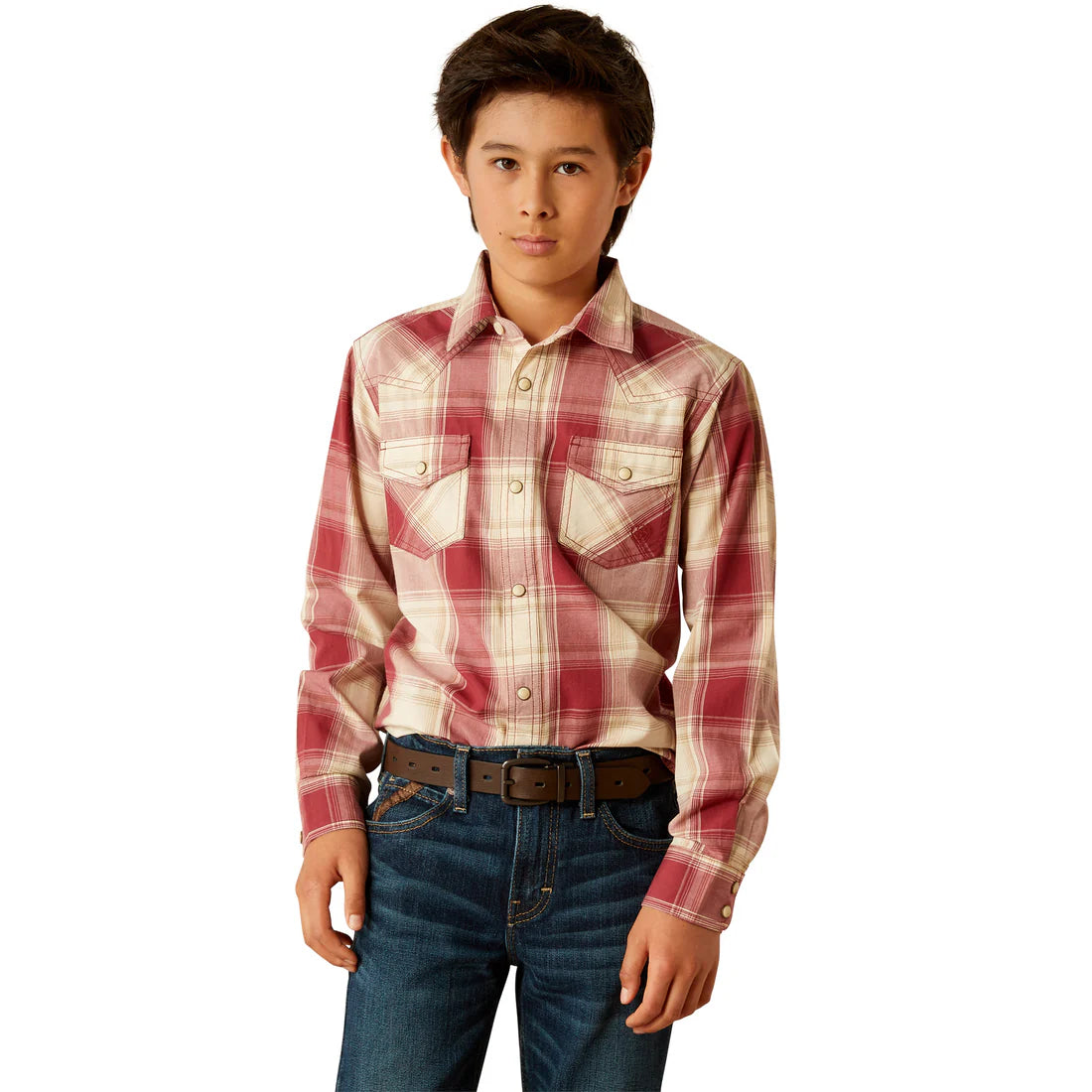 Ariat Boy's Hardwick Retro Fit Western Snap Shirt in Red Plaid