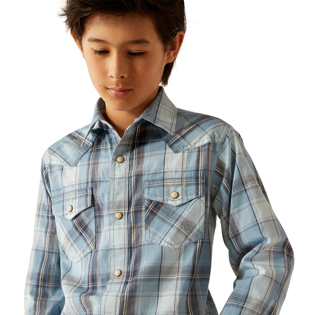 Ariat Boy's Hunter Retro Fit Western Snap Shirt in Light Blue Plaid