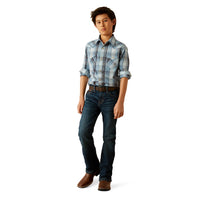 Ariat Boy's Hunter Retro Fit Western Snap Shirt in Light Blue Plaid