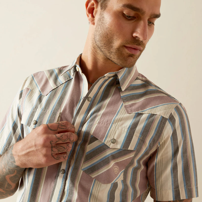 Ariat Men's S/S Southwest Stripe Hughie Retro Fit Western Button Down Shirt in Grey (Available in Tall Sizes)