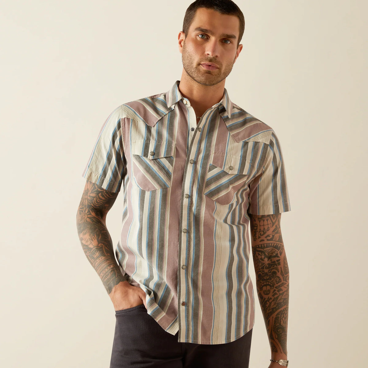 Ariat Men's S/S Southwest Stripe Hughie Retro Fit Western Button Down Shirt in Grey (Available in Tall Sizes)