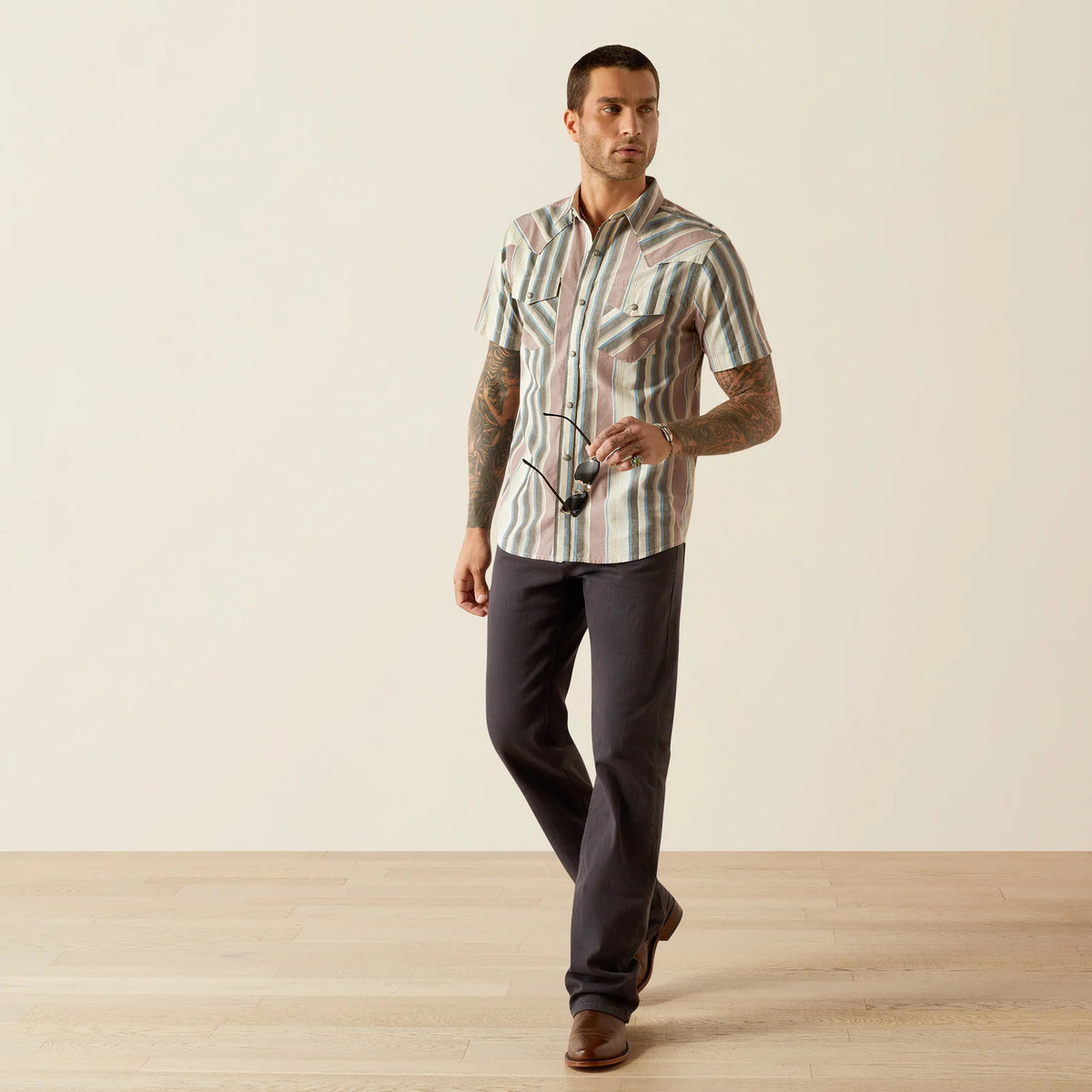 Ariat Men's S/S Southwest Stripe Hughie Retro Fit Western Button Down Shirt in Grey (Available in Tall Sizes)