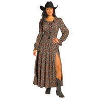 Rock & Roll Denim by Panhandle Slim Women's L/S Tiered Floral Horseshoe Maxi Dress in Black