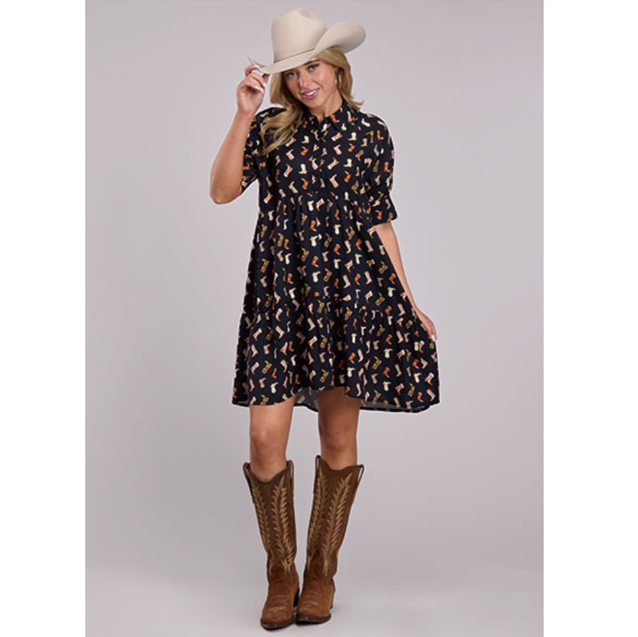 Roper Women's Boot Print Baby Doll Dress in Black