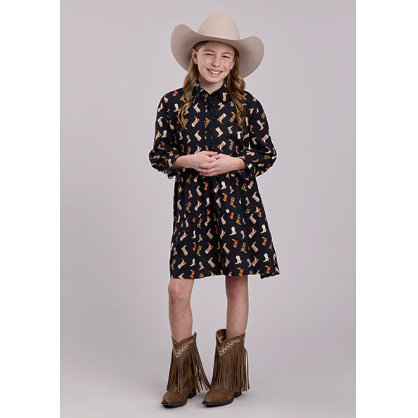 Roper Girl's Boot Print Peasant Dress in Black