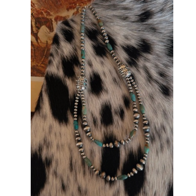 Turquoise Double Strand Sterling Silver Pearl Necklace with Barrel Beads