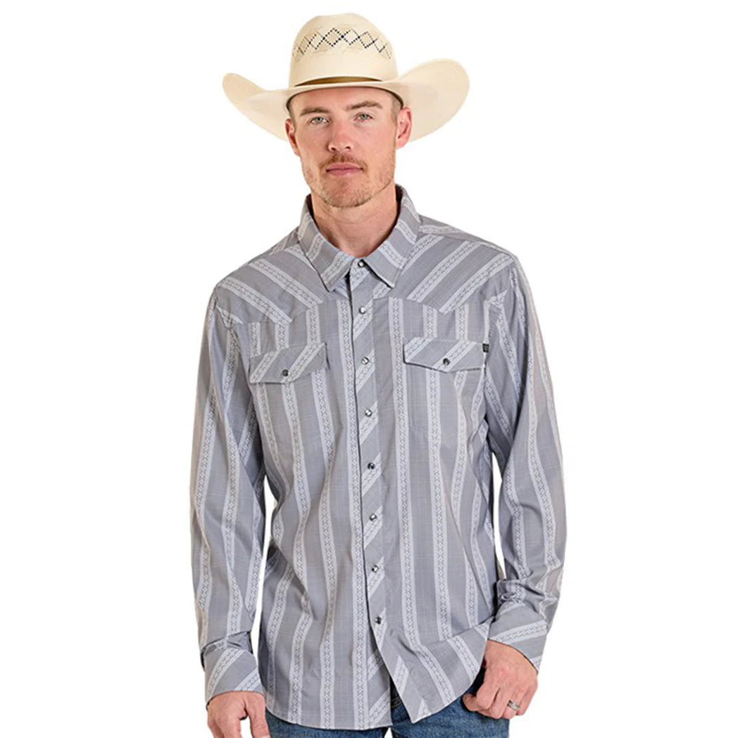 Rock & Roll Denim Men's L/S TEK Stripe Snap Shirt in Grey