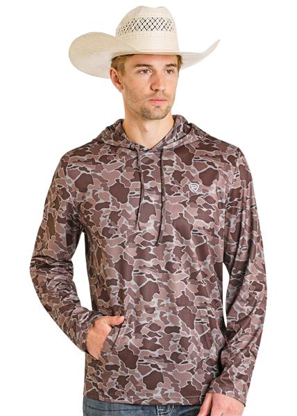 Rock & Roll Denim Men's Camo Mesh Performance Hoodie in Taupe