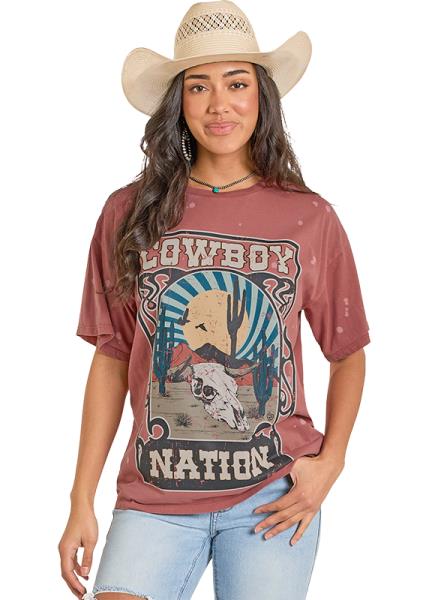 Rock & Roll Denim Women's S/S Cowboy Nation Graphic Tee in Rust