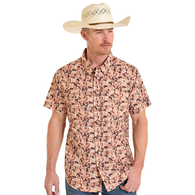 Rock & Roll Denim Men's S/S TEK Western Skull Camo in Camel