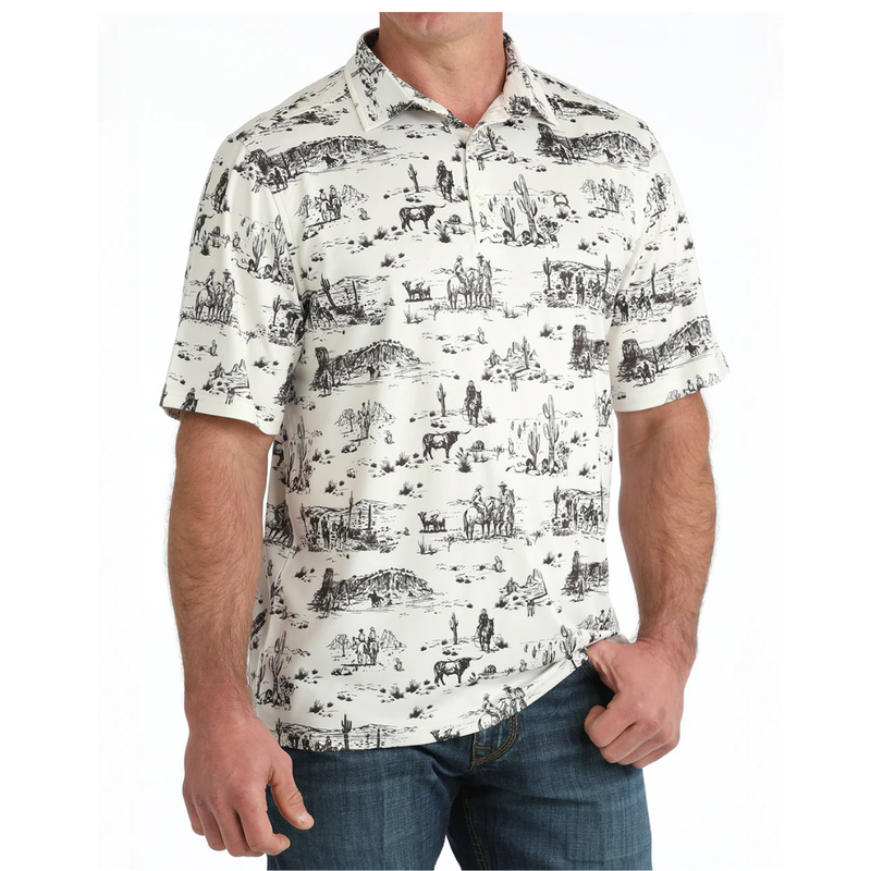 Cinch Men's S/S Arenaflex Western Print Polo in Cream