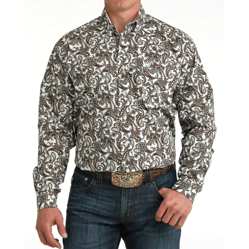 Cinch Men's L/S Classic Fit Paisley Button Down Western Shirt in White