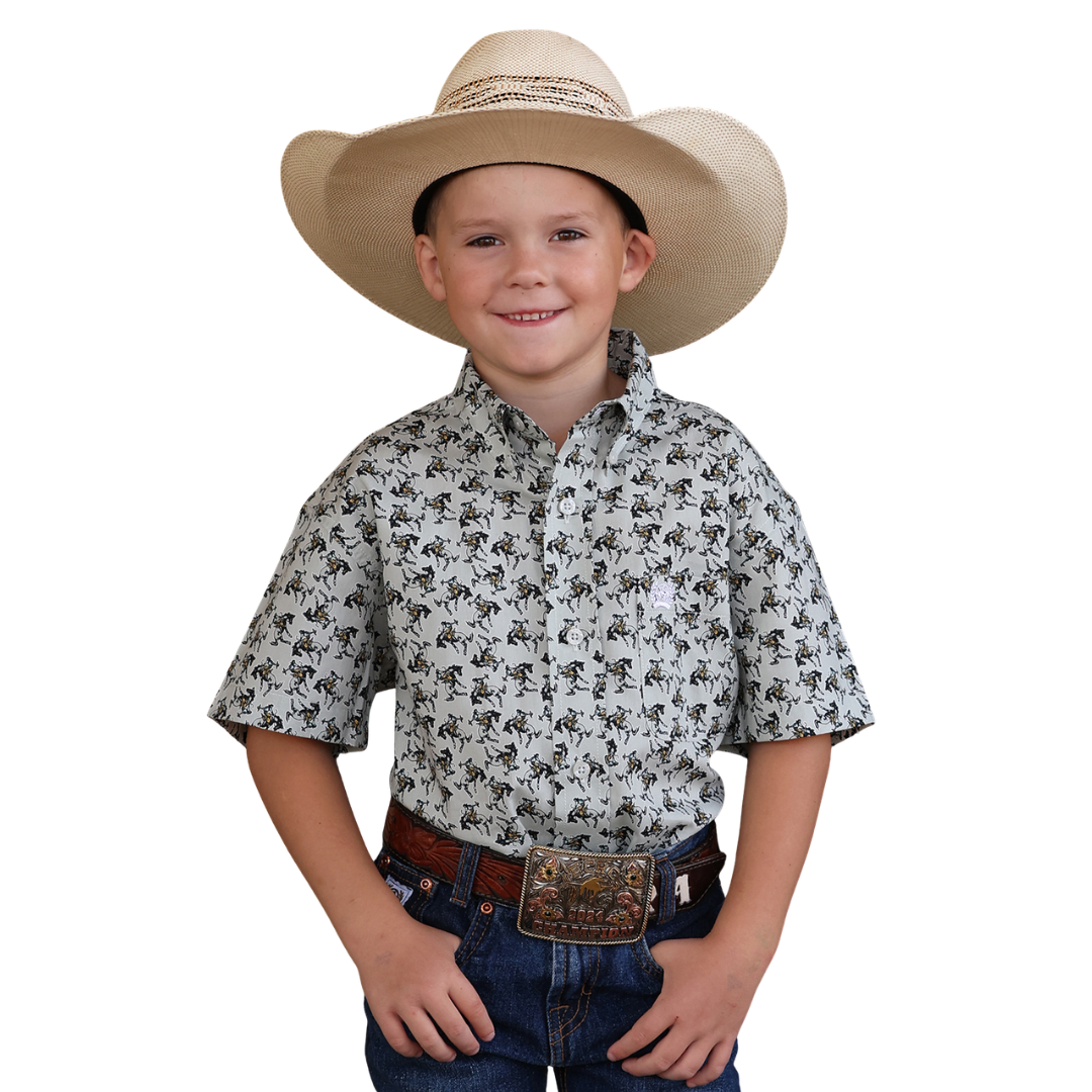 Cinch Youth Boy's S/S Bucking Horse Western Button Down Shirt in Gray