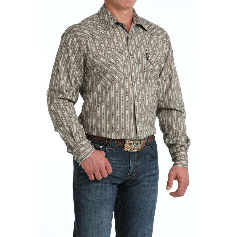 Cinch Men's L/S Modern Fit Floral Stripe Western Snap Shirt in Stone