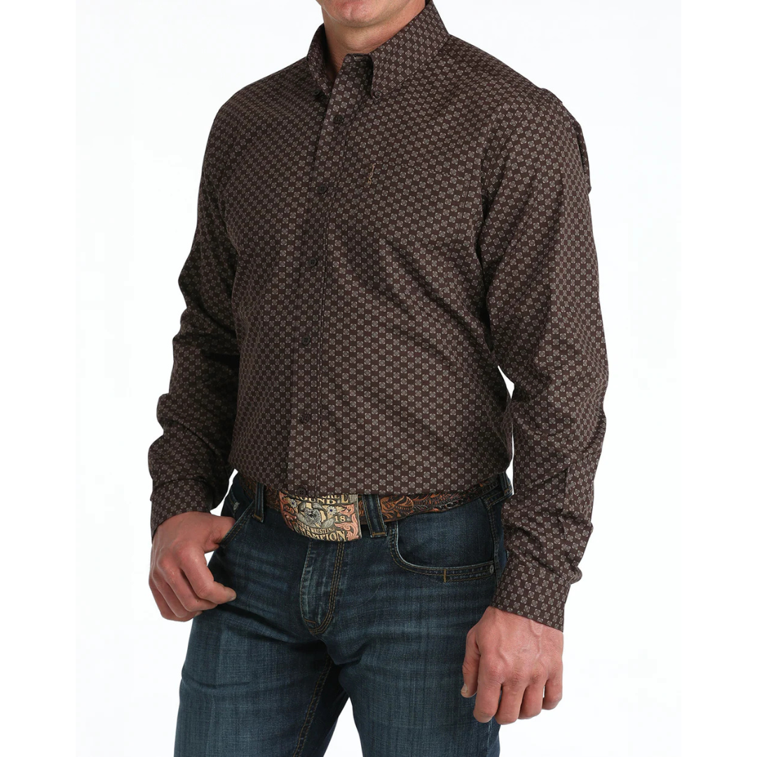 Cinch Men's L/S Modern Fit Geo Print Western Button Down Shirt in Brown