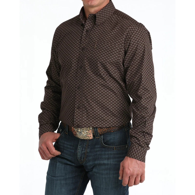 Cinch Men's L/S Modern Fit Geo Print Western Button Down Shirt in Brown