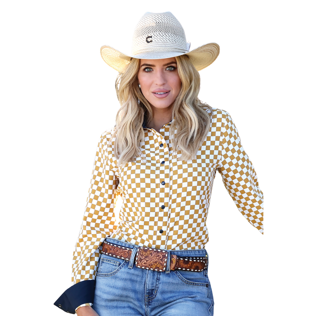 Cruel Women's L/S White and Gold Checkered Western Snap Shirt