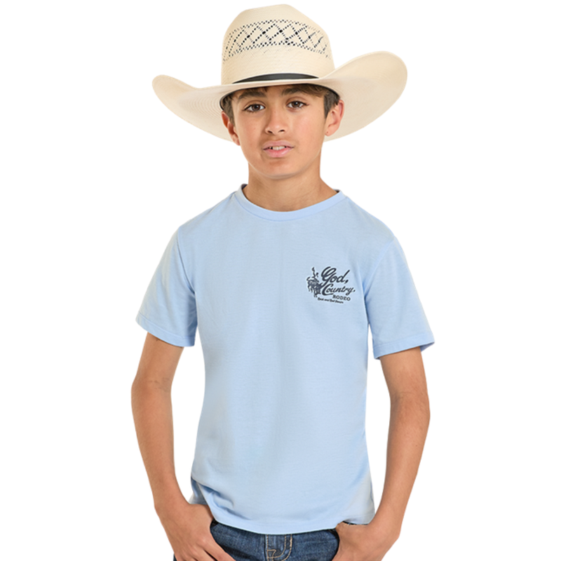 Rock & Roll Denim Boy's God, Country, Rodeo Graphic Tee in Baby Blue