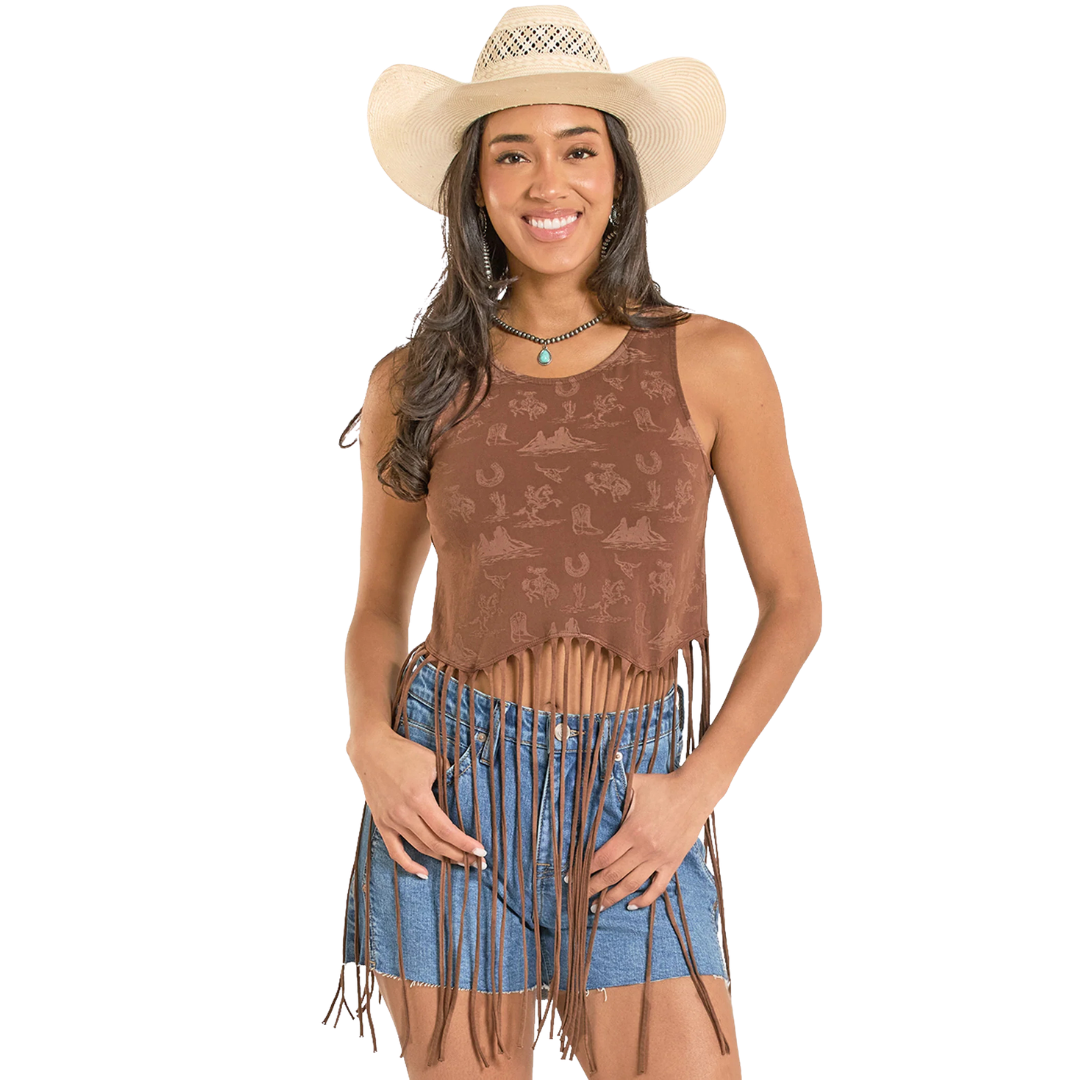 Women's Rock & Roll Denim Conversational Fringe Top in Brown