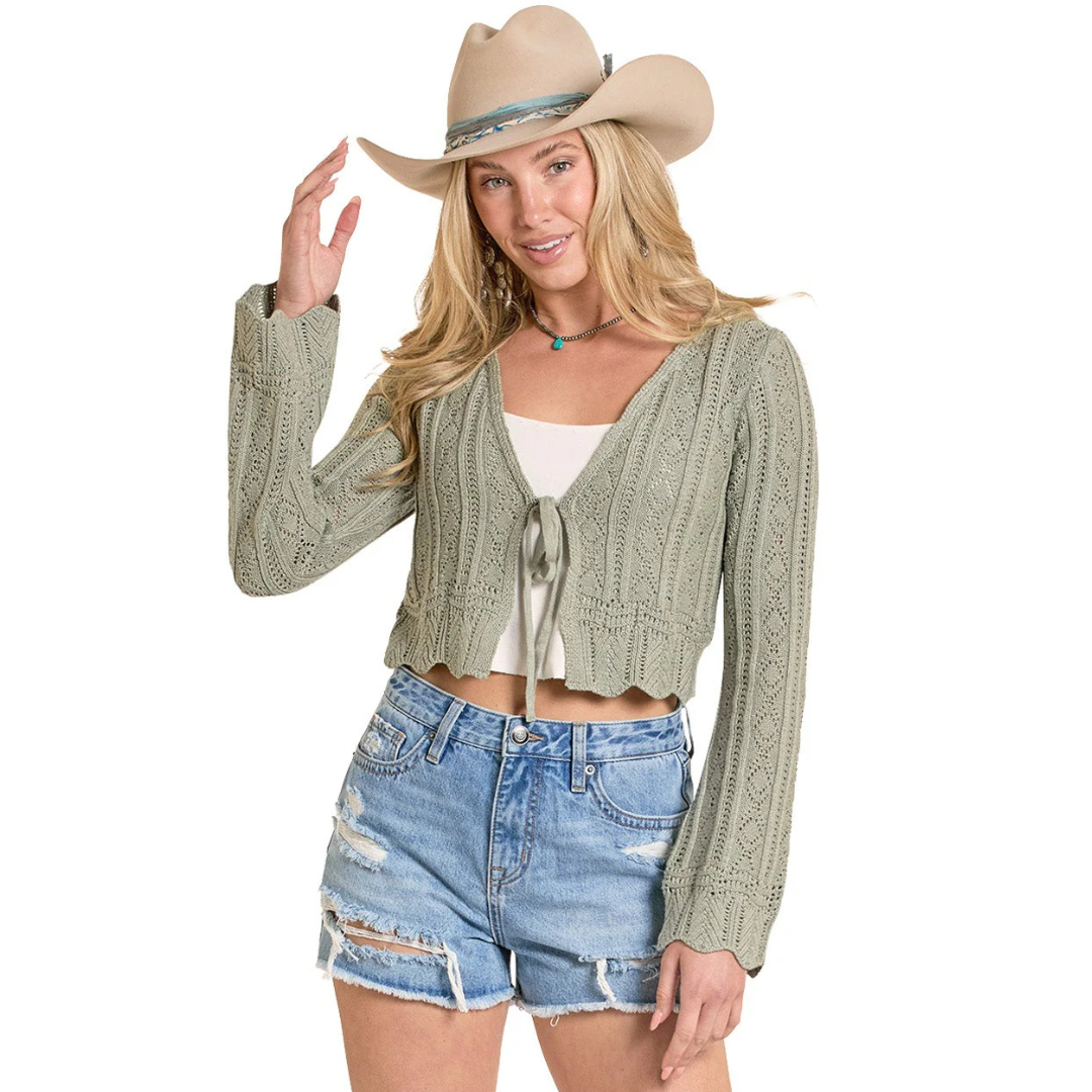 Women's Rock & Roll Denim Tie Knit Cardigan Sweater in Jade