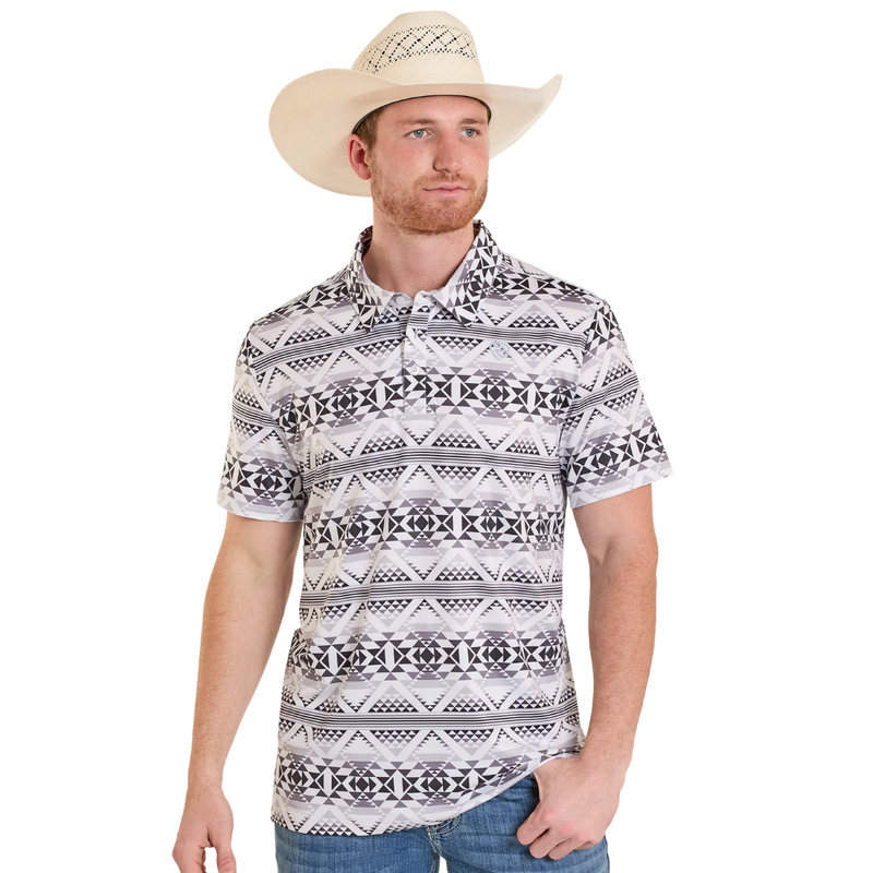 Rock & Roll Denim Men's S/S Black & White Southwestern Aztec Print Polo