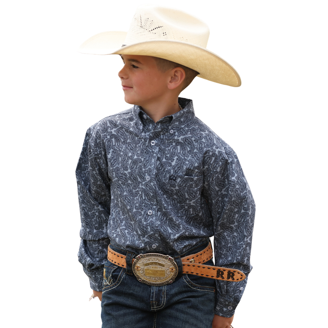 Cinch Youth Boy's L/S Arenaflex Paisley Print Western Button Down Shirt in Light Blue