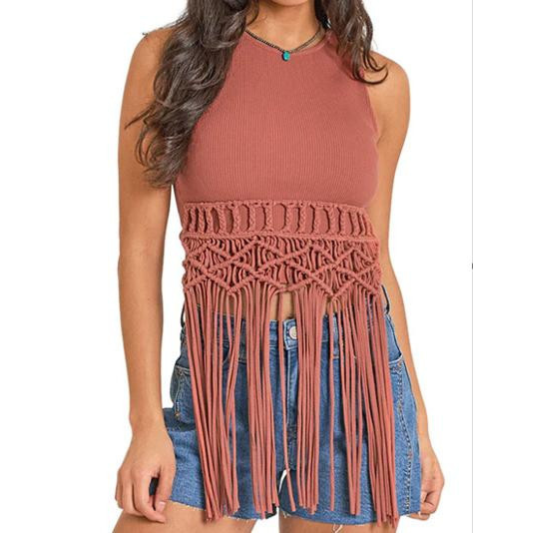 Women's Rock & Roll Denim Macrame Fringe Top in Rust