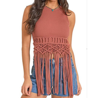 Women's Rock & Roll Denim Macrame Fringe Top in Rust