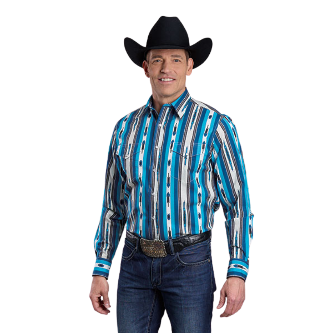 Roper Vintage Men's L/S Vintage Aztec Western Snap Shirt in Blue