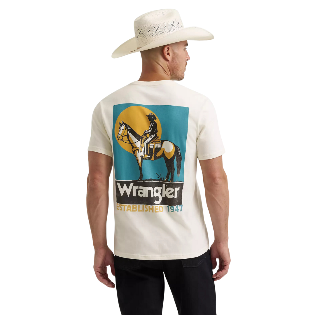 Wrangler Men's Silent Rider S/S Back Graphic Pocket T-Shirt in Antique White
