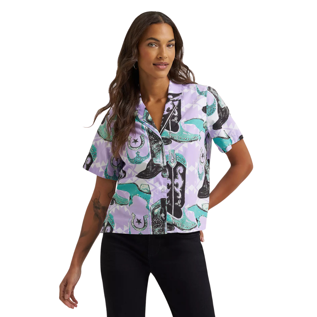 Wrangler Women's S/S Cowgirl Camp Shirt in Purple