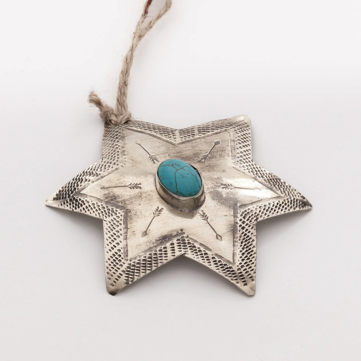 Stamped Silver Star Ornament With Turquoise Stone By J. Alexander Rustic Silver