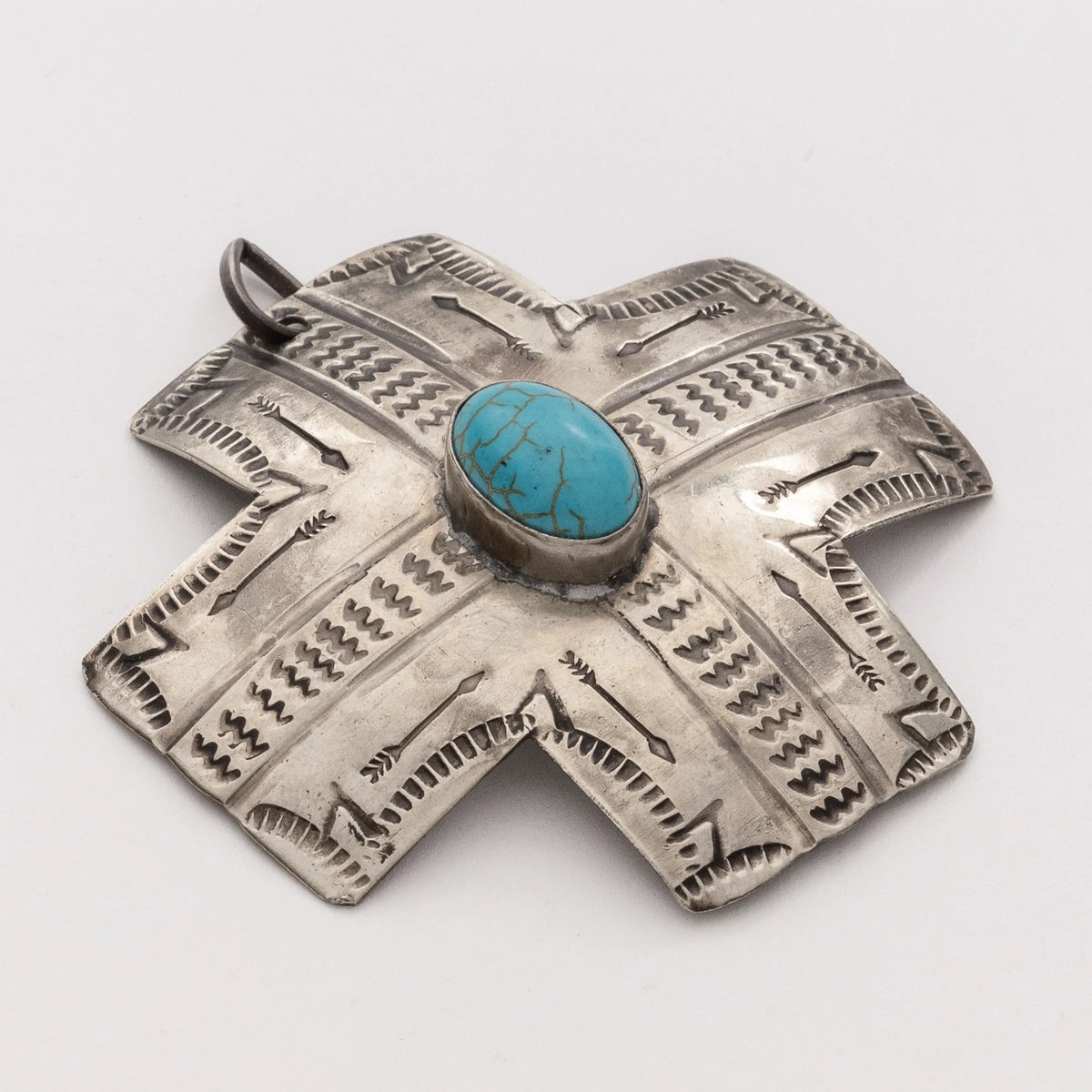 Stamped Silver Cross Ornament With Turquoise Stone By J. Alexander Rustic Silver